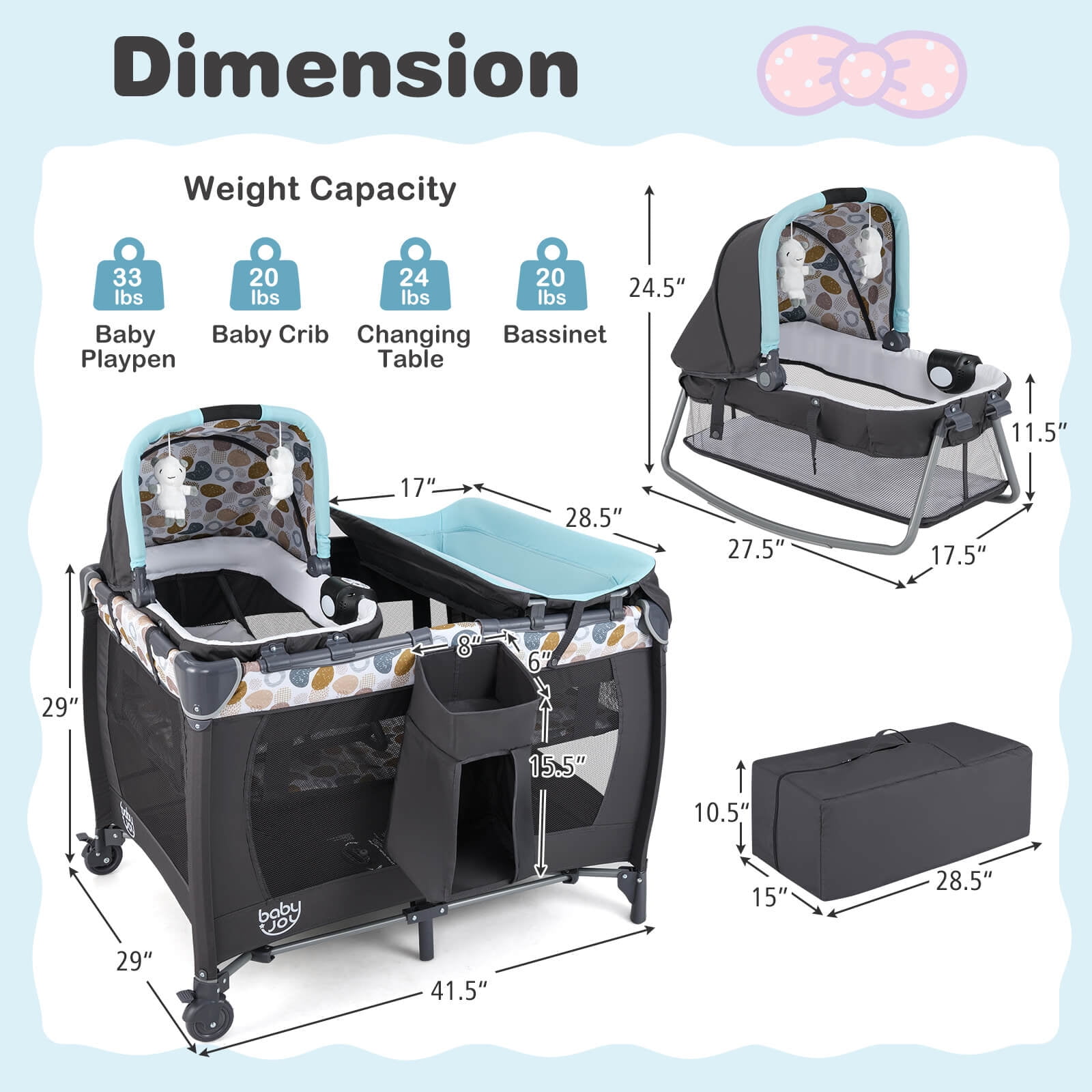 Costway 5 in 1 Bedside Bassinet with Diaper Changer Lockable Wheels & Travel Bag Blue