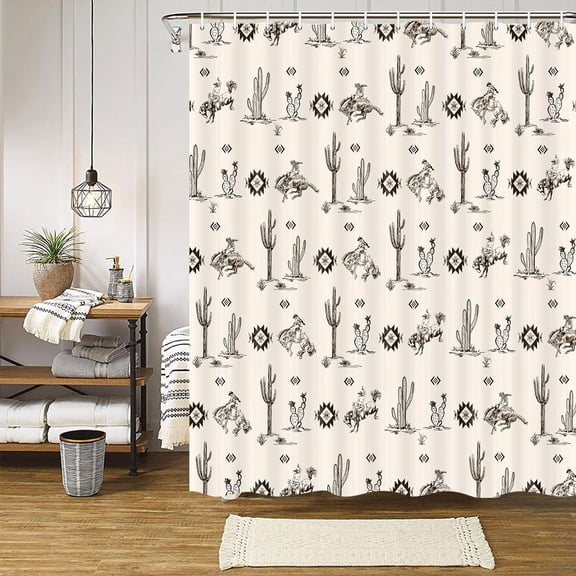 Western Cowboy Shower Curtain with Cactus Landscape, American Wild West Cowboy on Horse in Desert Bath Curtain Aztec Southwestern Theme Bathroom Decor Set with Hooks 70X70in