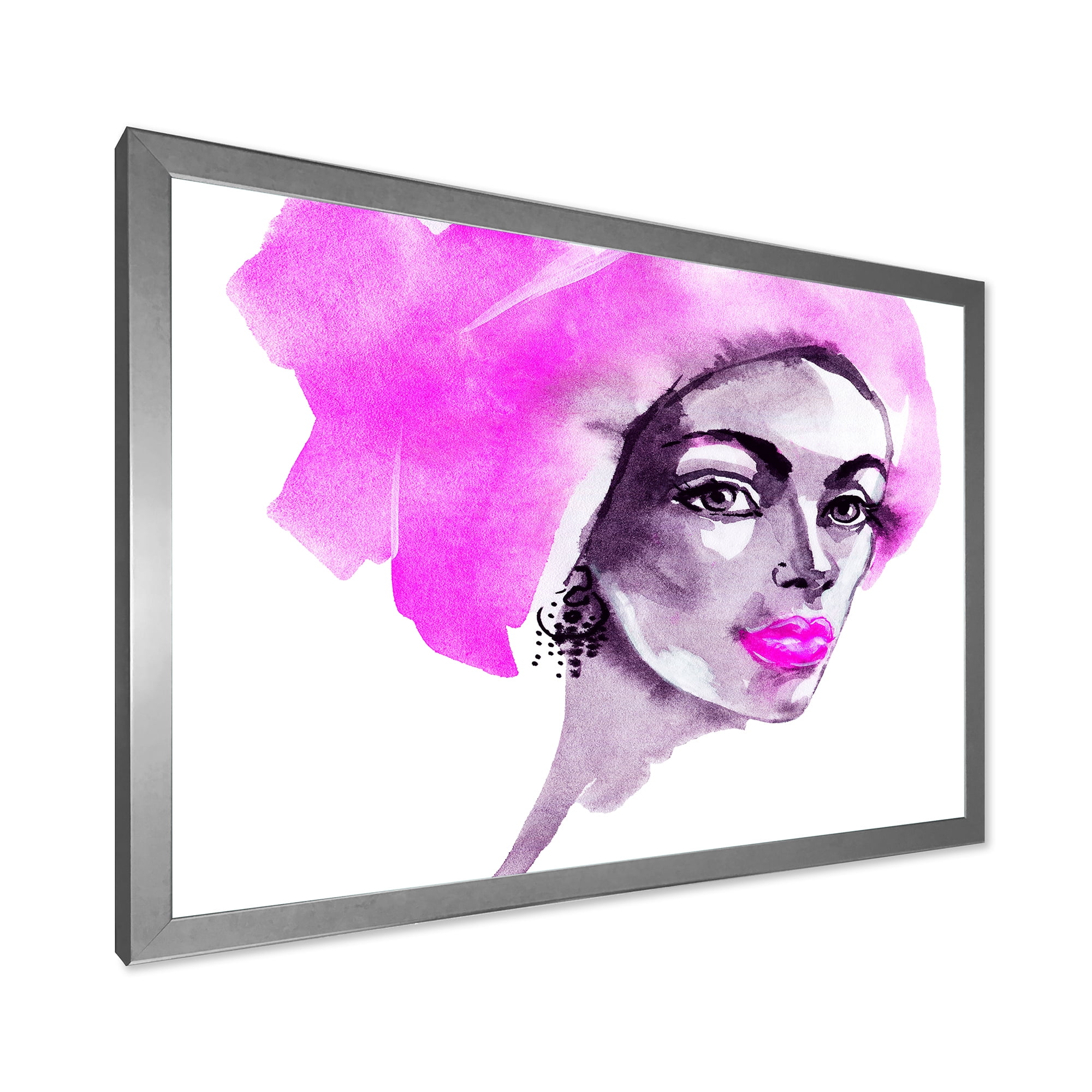 Designart 'Afro American Pink Woman Fashion Portrait' Modern Framed Art Print