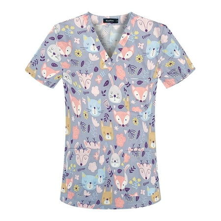 

TAIAOJING Women Scrubs Top Workwear Short Sleeve V Neck Cartoon Printed Top Nursed Working T Shirts Blouse With Pockets