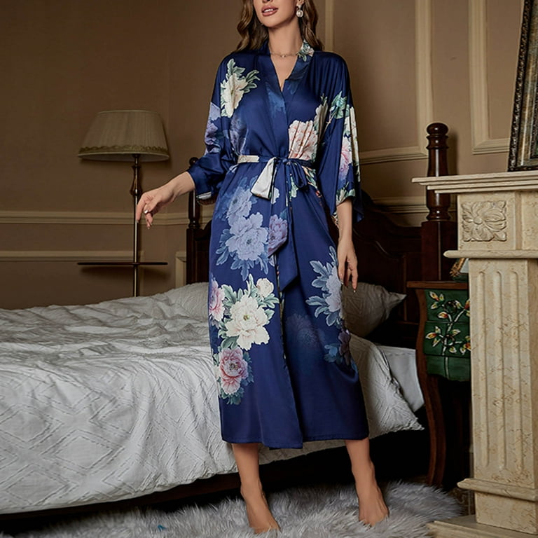 Women Long Bathrobe Silky Kimono Robes Soft Womens Dressing Gowns Casual Ladies Loungewear Gown Soft Kimono Robe V Neck Long Knit Bathrobe Nightwear Sleepwear for All Seasons Free Size Fits All Walmar...