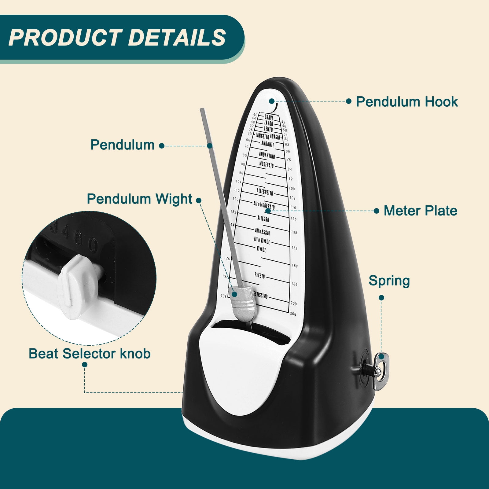 Uxcell Mechanical Metronome High Accuracy Musical Timer Universal Metronome for Piano Guitar Violin Ukulele Player Black