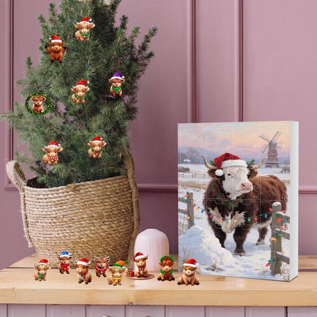 Calendario de Adviento de Navidad 2025 con diseño de vaca. Adorno colgante para el calendario de Adviento de los 24 días de Navidad.