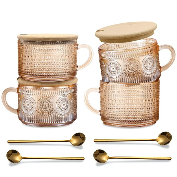 Juego de 4 tazas de café de cristal JVJRFQ 414 ml con tapas y cucharas