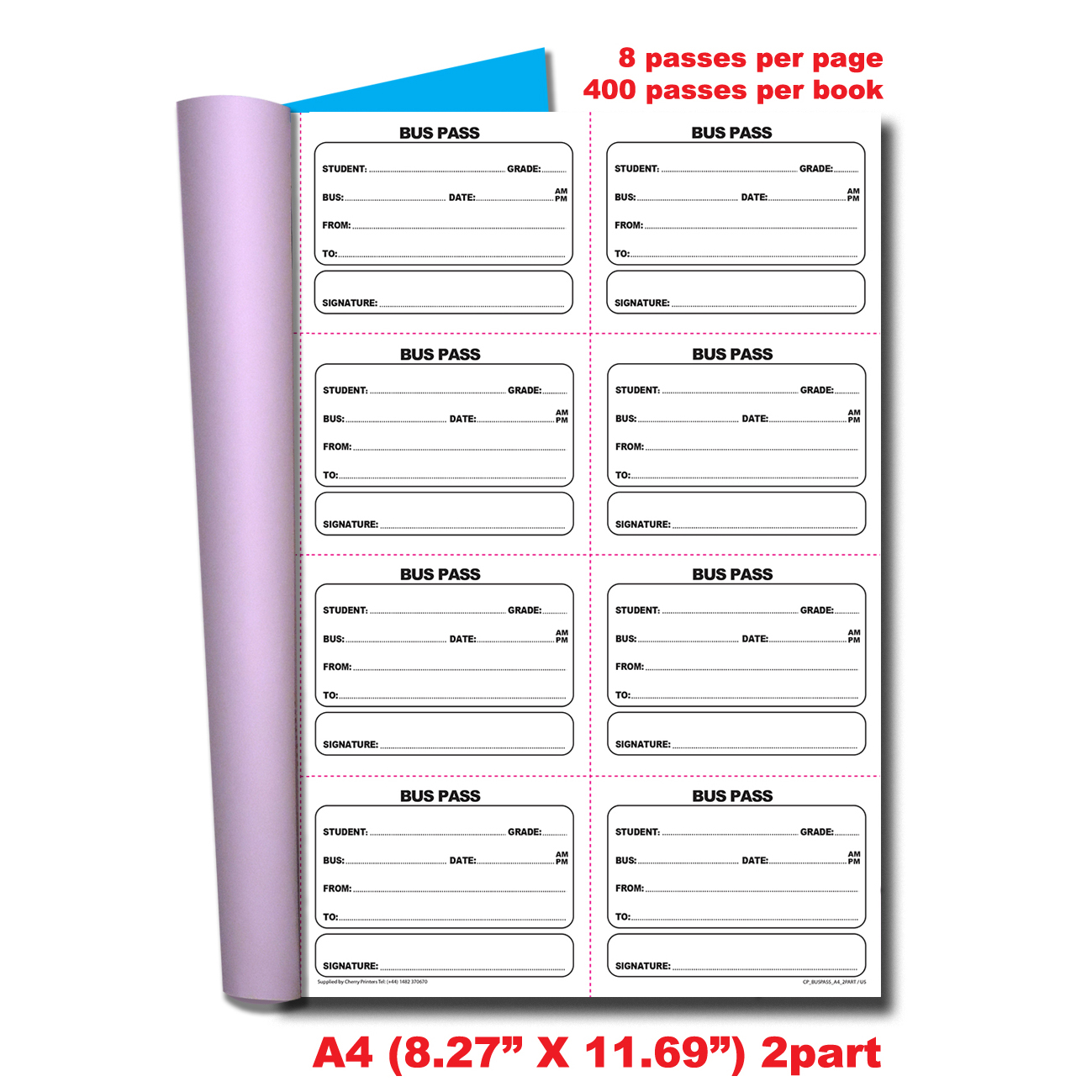 Cherry Printers | Bus Pass | Fold and Tear | Duplicate Book | 2 part | Carbonless | 400 slips Per Book | A4 - 8.27" x 11.69"