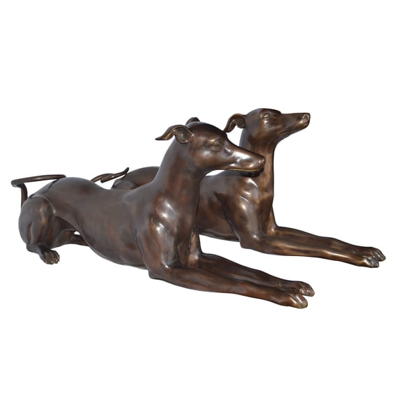 Pair of Greyhound dogs laying down Bronze Statues - Size: 50"L x 11"W x 20"H.