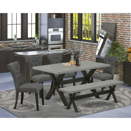 East West Furniture 6-Piece Dining room Table Set-Dark Gotham Grey Linen Fabric Seat and Button Tufted Chair Back Dining chairs A Rectangular Bench and Rectangular Top Mid Century Dining Table…