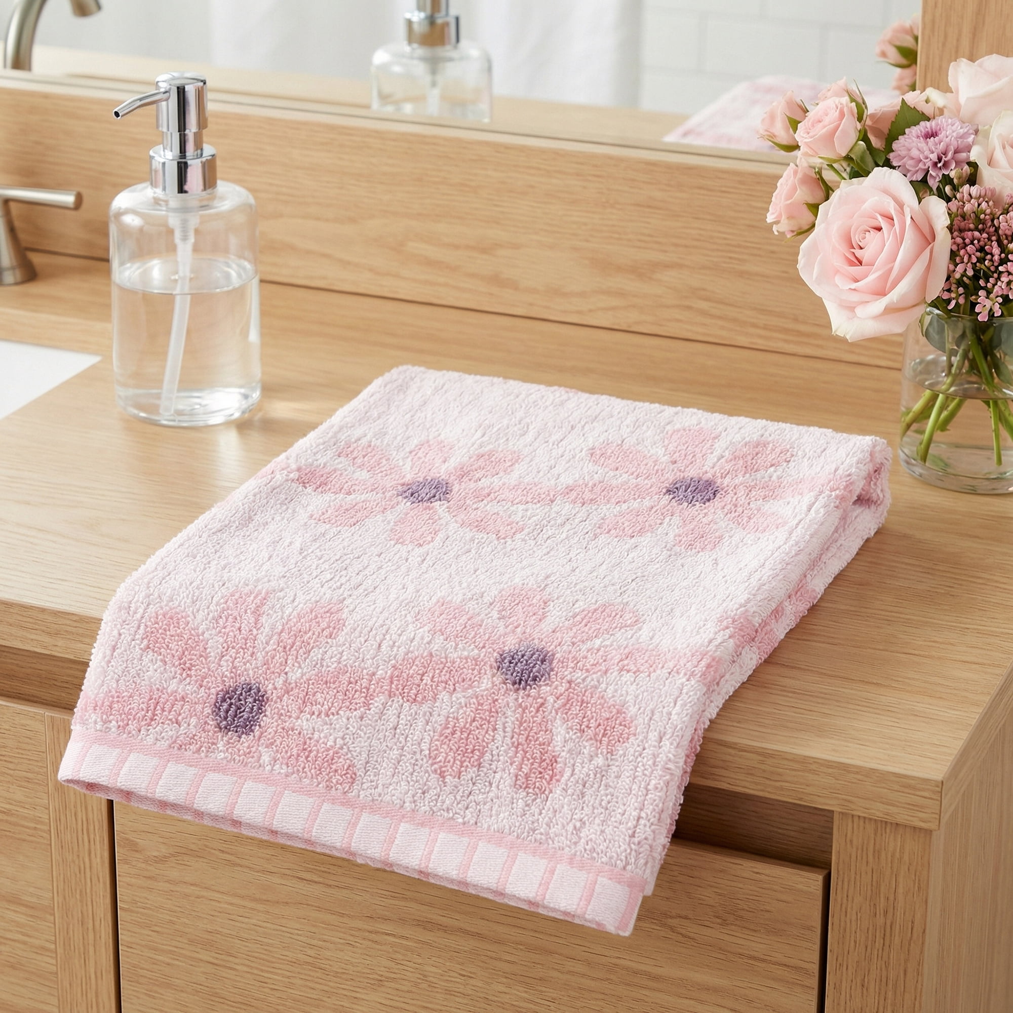 Unique Bargains Pure Cotton Daisy Pattern Ultra Soft Hand Towel Pink 29" x 13"