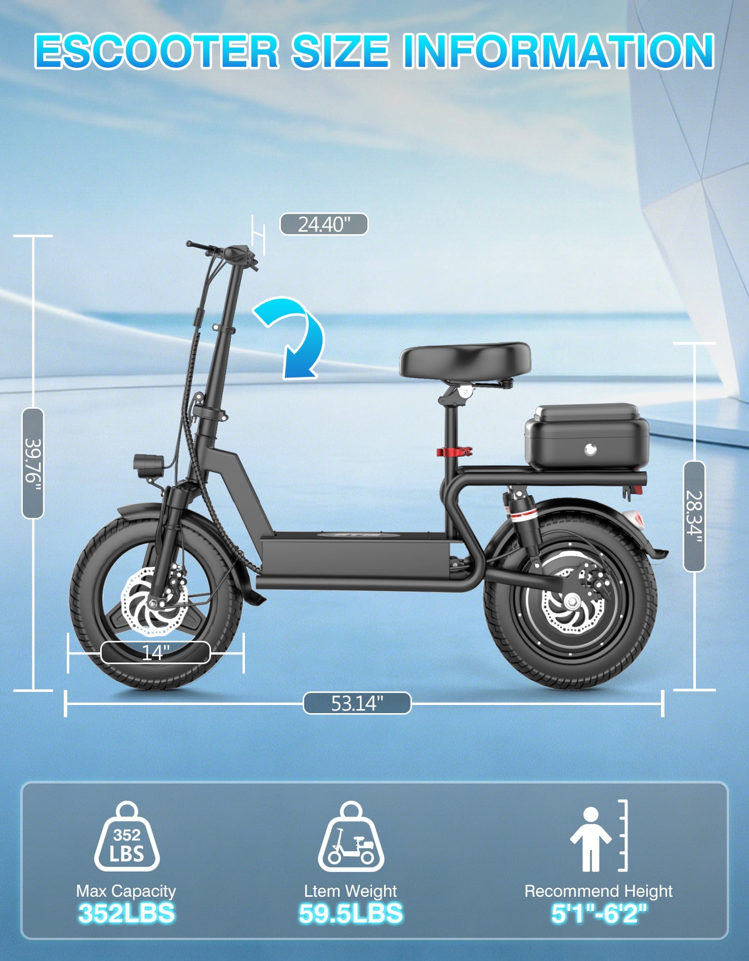 AZHAR GT12 Electric Scooter with Seat 1400W Peak Motor with Carry