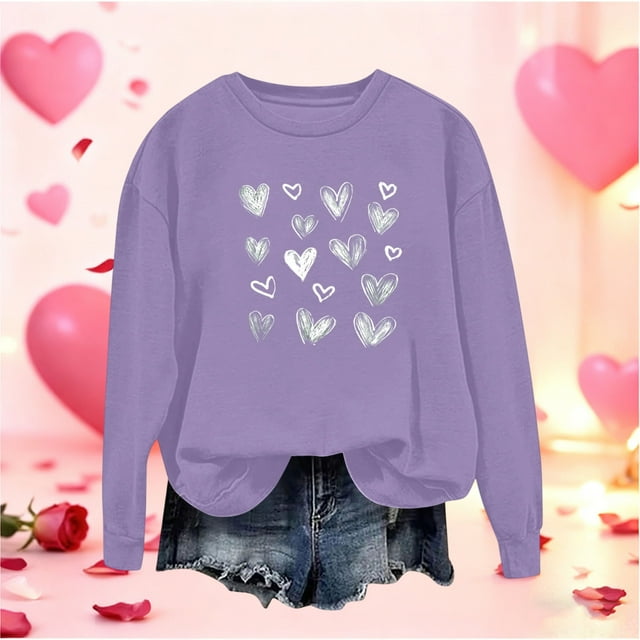 Mceream Valentines Chandails en Molleton pour Femmes Mode Décontractée Imprimé Cœur Graphique Manches Longues Chemises Col Rond Surdimensionné Chandail Tops Grande Taille Violet P