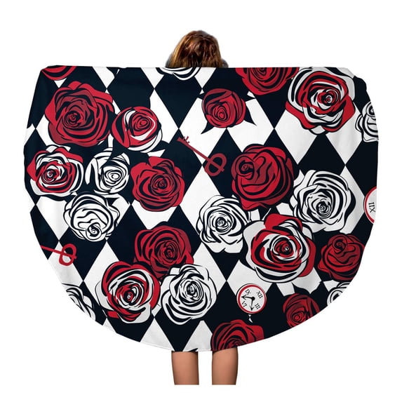 LADDKA 60 inch Round Beach Towel Blanket Alice Red Roses and White Key Clock on Chess Travel Circle Circular Towels Mat Tapestry Beach Throw