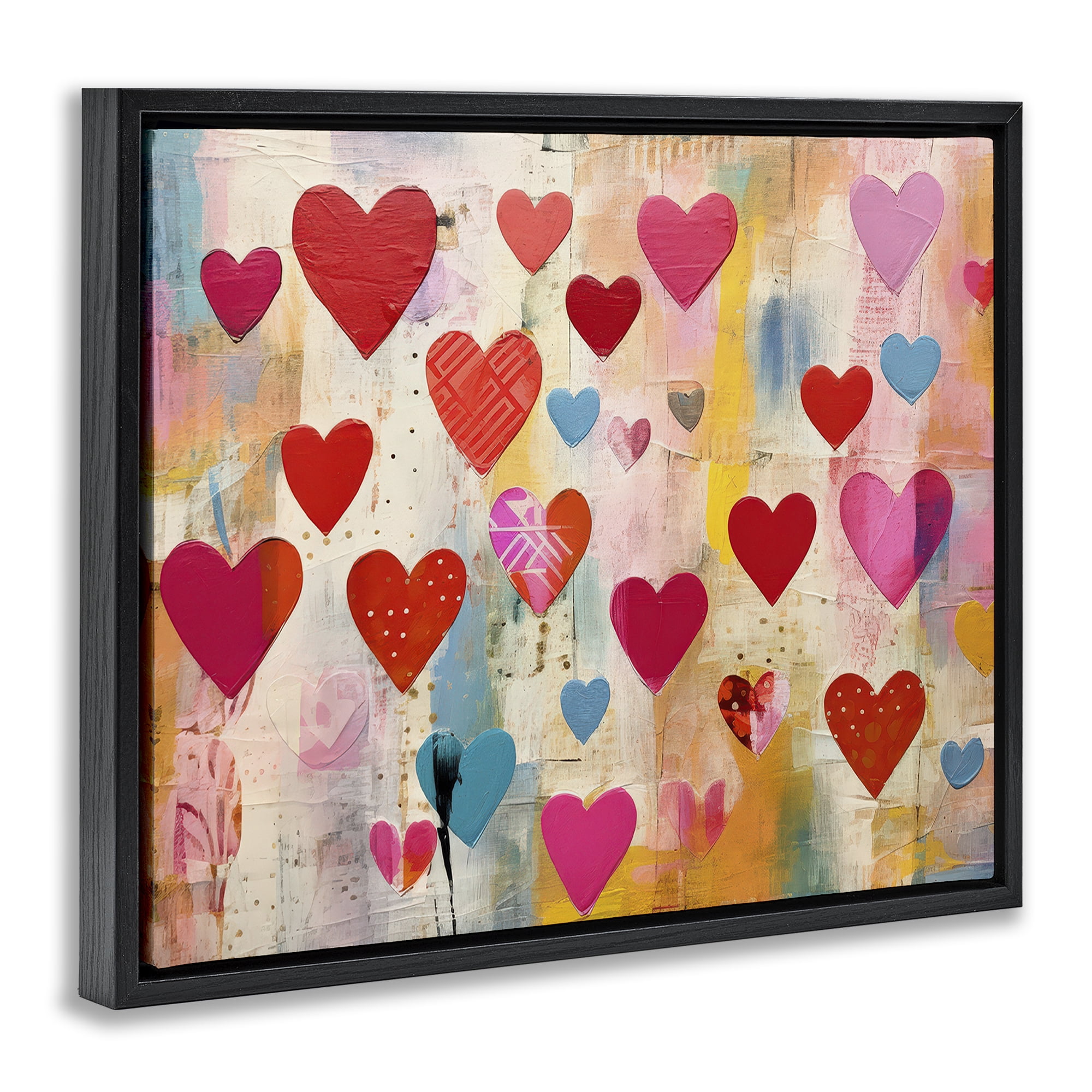 Stupell Industries Playful Patterned Hearts Abstract Painting Black Floater Framed Canvas Art Print Wall Art, 21 x 17