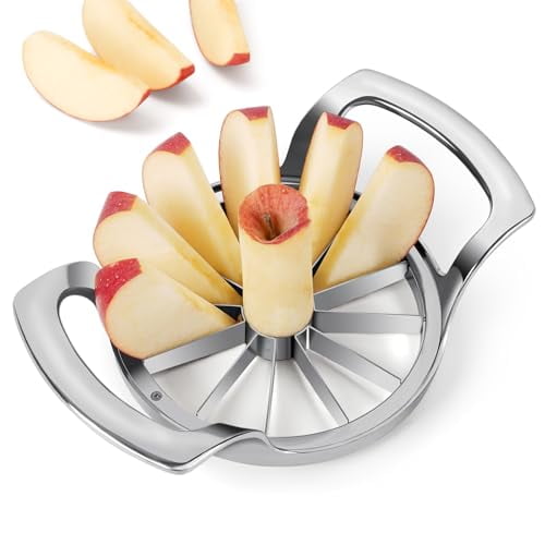 Rebanador de manzanas, versión mejorada con 12 cuchillas, extra grande, de acero inoxidable, ultra afilado, deshuesador y divisor para manzanas de hasta 4 pulgadas (actualizado en plata)