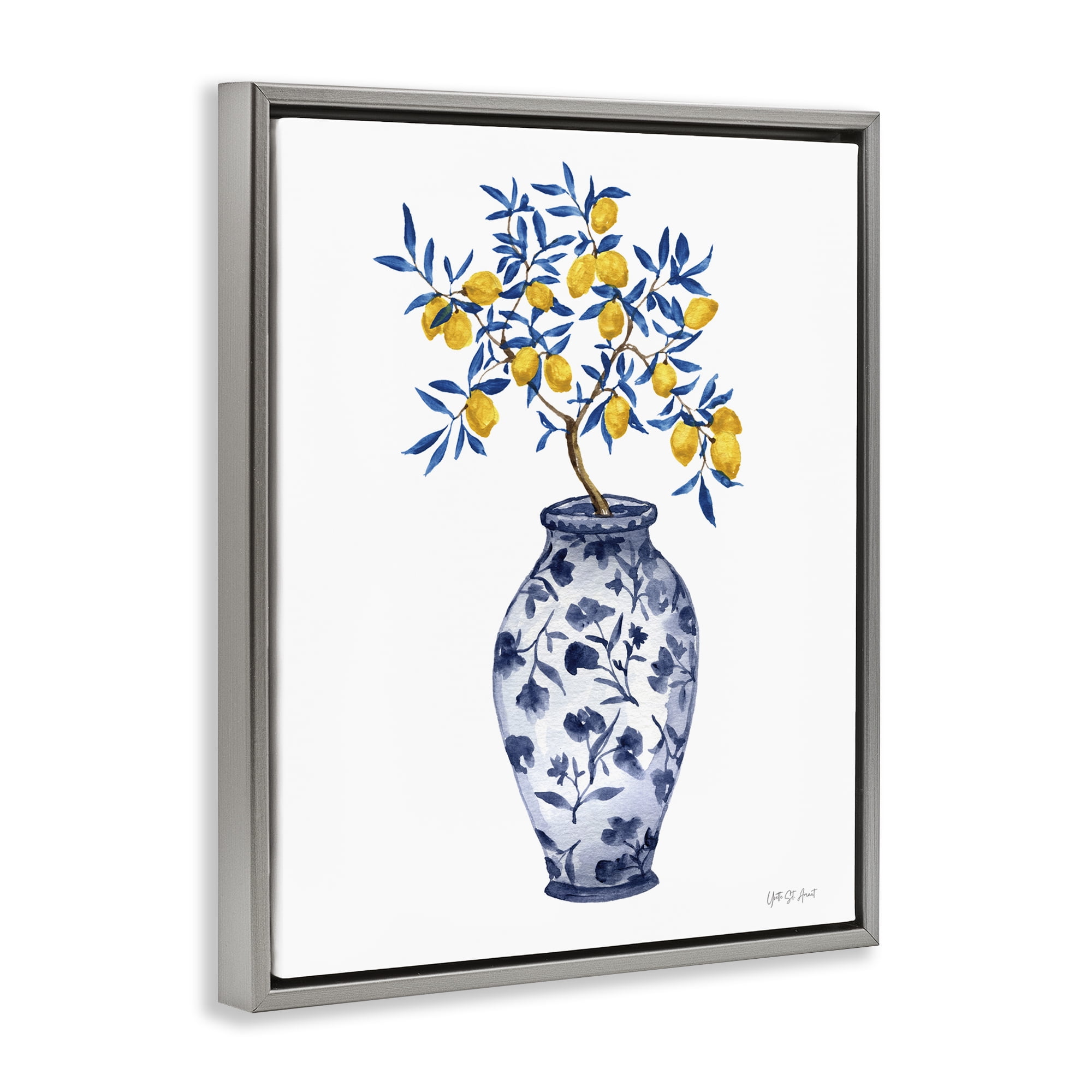 Stupell Industries Chinoiserie Vase Lemons Food & Beverage Painting Gray Floater Framed Canvas Art Print Wall Art, 25 x 31