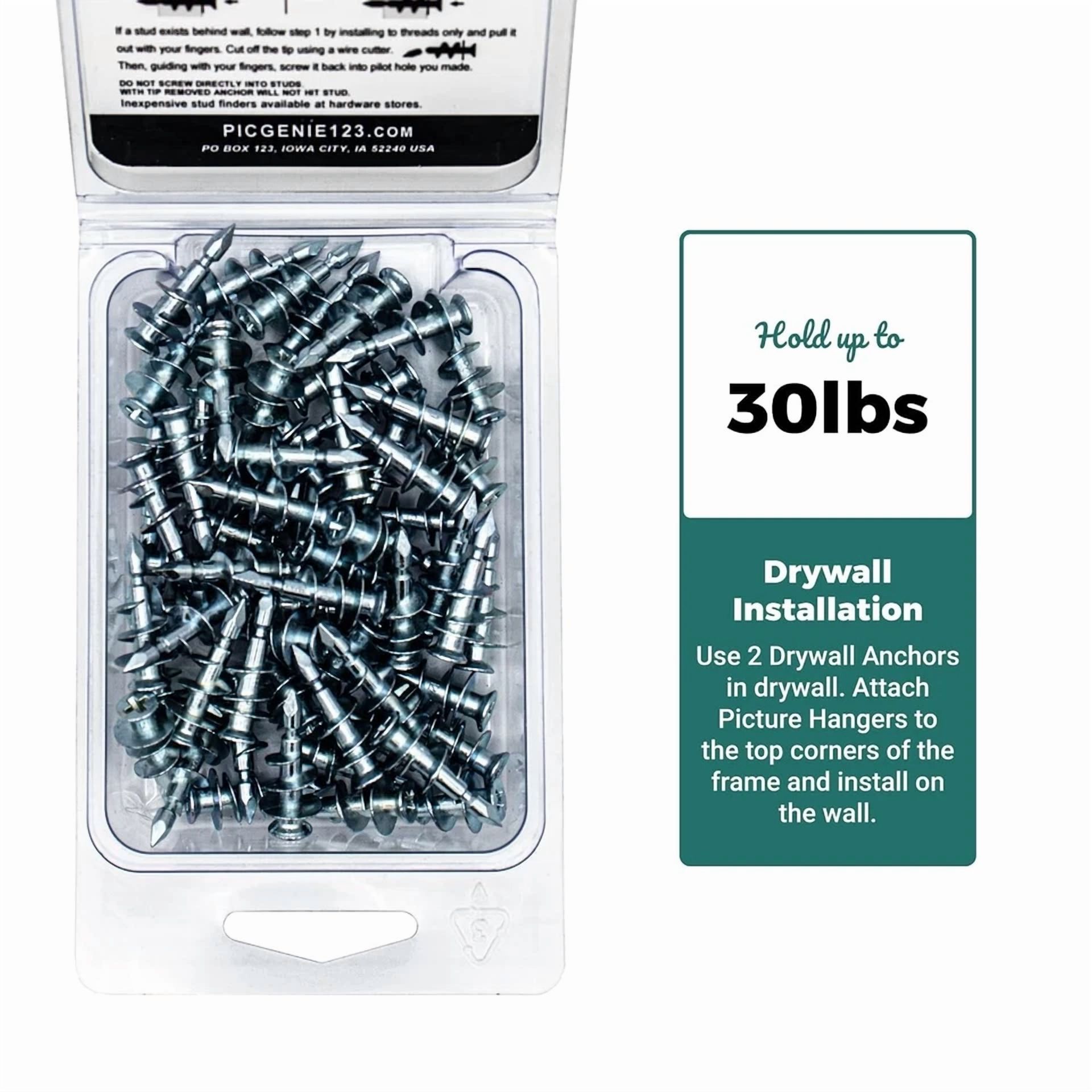 Picgenie 60-Pack Drywall Anchors 30Lbs Picture Hangers For Drywall