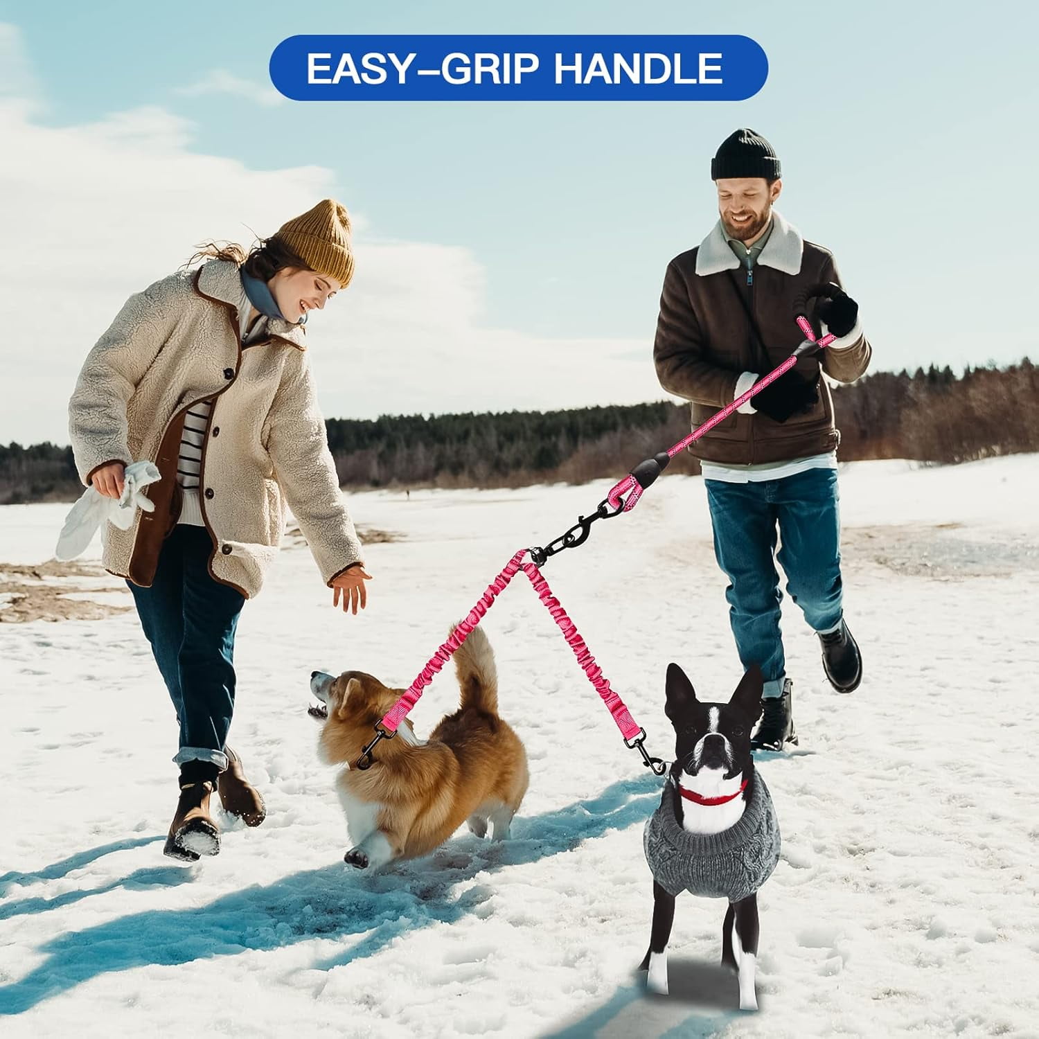 Double Dog Leash, Dual Dog Leash, 360° Swivel Tangle Free Bungee Walking Training for Large Medium Dogs, Shock Absorbing Bungee Reflective for Two Dogs, 18~121 lbs, Black