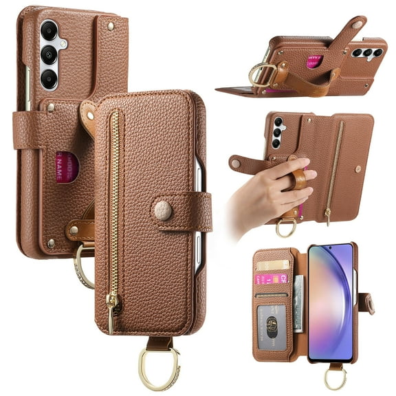 Compatible with Samsung Galaxy A17 5G PU Leather Wallet Case, Zipper Purse with Card Slots ID Window Cash Pocket Handheld Grip Strap Magnetic Kickstand Multi-Functional Flip Cover,Brown