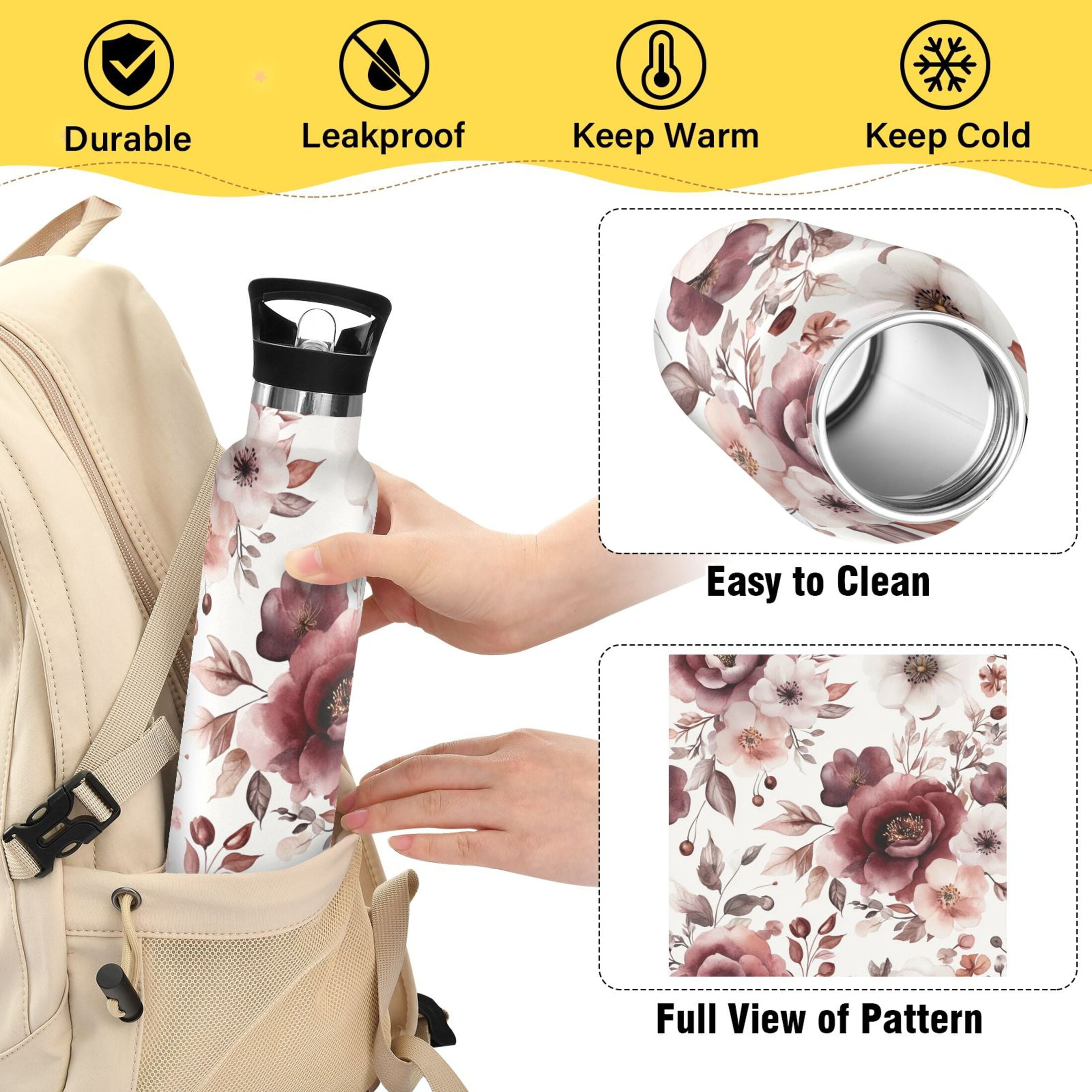 600ML Stainless Steel Insulated Cup Sports Water Bottle Portable Thermos Cup Water Glasses Insulated Tumblers Convenient and Durable Cartoon Maroon Flowers