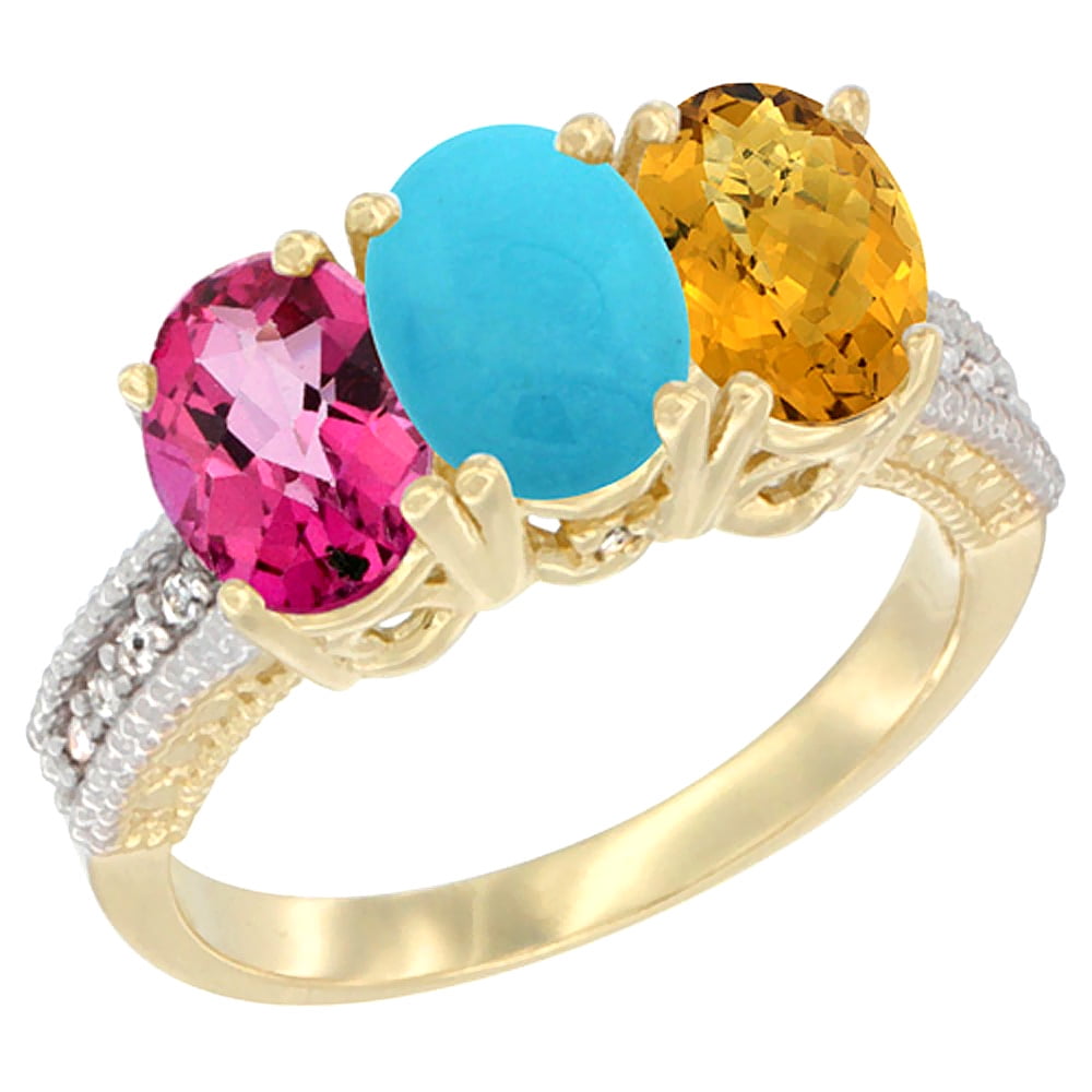 10K Yellow Gold Diamond Natural Pink Topaz, Turquoise & Whisky Quartz Ring 3-Stone 7x5 mm Oval, sizes 5 10 by WorldJewels