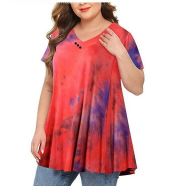Puntoco Womens Plus Size Summer Shirts Women Plus Size Tops Tie-Dye Print Short Sleeve V-Neck Blouse Pleated Hem Shirt Purple 20(XXXXXL)