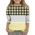 thumbnail image 2 of SERTG Child Child Plaid Striped 3/4 Sleeve Shirt – Lightweight Round Neck Pullover for Spring Autumn Printed Casual Layering Tee(Yellow,9 Years), 2 of 5