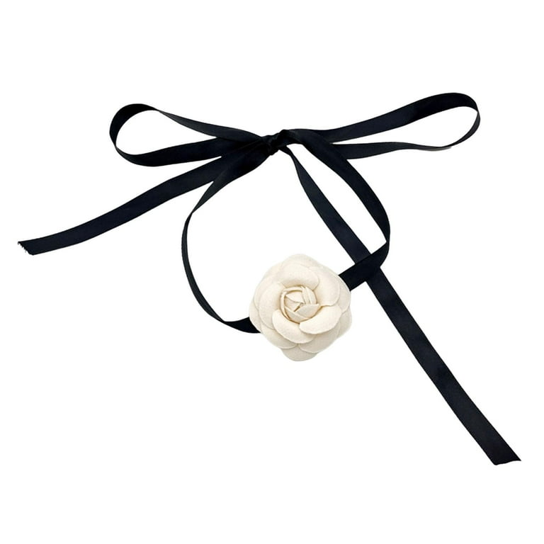 TUCEWP Flower Choker for Women Long Ribbon Choker White Black Flower  Necklace Tie Collar Choker Adjustable Rose Necklace