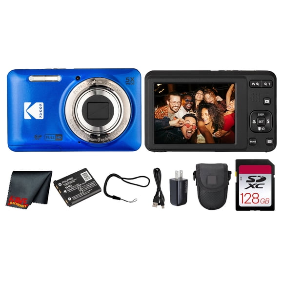 Kodak PIXPRO FZ55 Digital Camera (Blue) (FZ55BL) + 128GB Card + Case + Cleaning Cloth