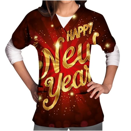 

Christmas Scrub Top for Women Trendy Xmas Graphic Print Basic Loose Crew Neck Long Sleeve Shirt Vintge Going Out Pullover