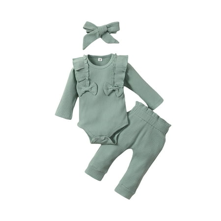 

BrilliantMe Infant Baby Girls 3Pcs Fall Outfits Long Sleeve Rib Knit Bow Front Romper Pants Headband Set Green 12-18 Months