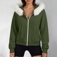 thumbnail image 2 of Sevevn Women's Faux Fur Trim Hooded Zip Up Jacket Cropped Long Sleeve Soft Fleece Hoodie Coat Casual Lightweight Outerwear Army Green XL, 2 of 9
