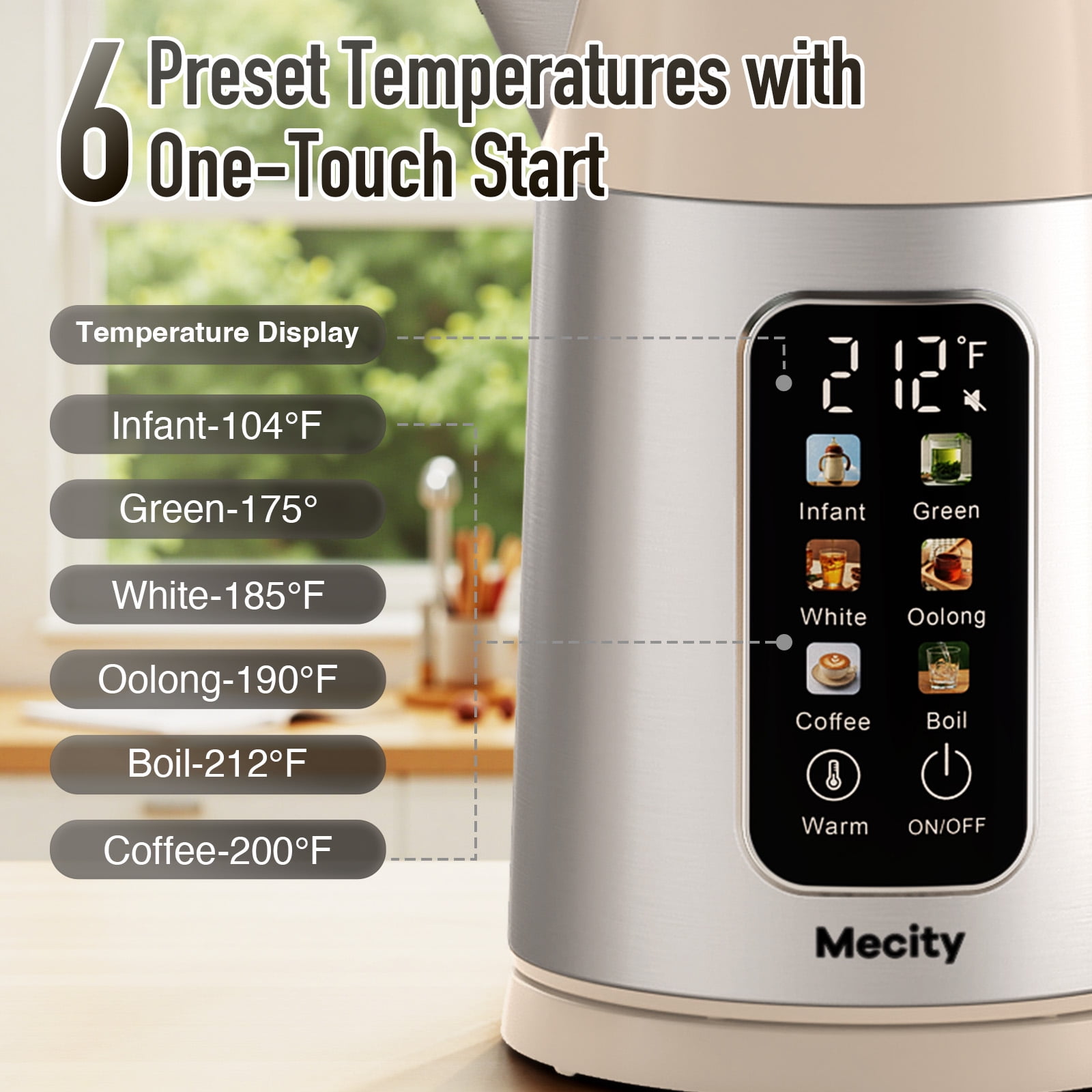 Mecity Electric Kettle Touch Screen Temperature Control Water Boiler, 6 Preset Temperature Programs, 2 Hours Keep Warm, 1.7 Liter, Cream White with Stainless Steel Body