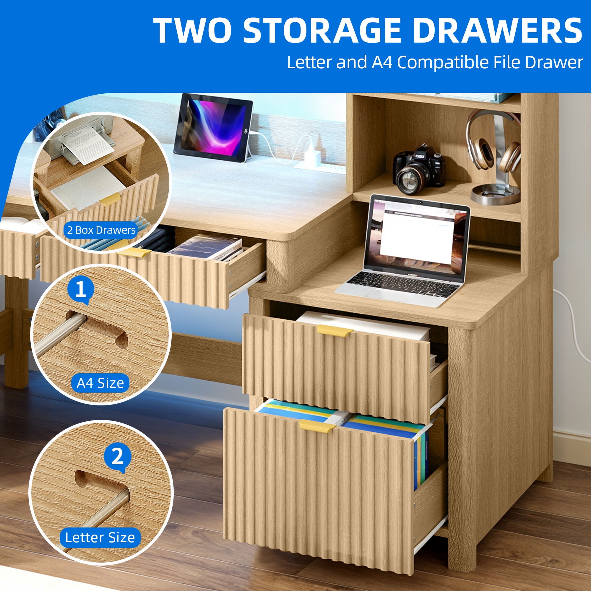 Dextrus 55" Computer Desk with LED Light & Hutch, Home Office Desk Executive Desk with Drawers, Oak