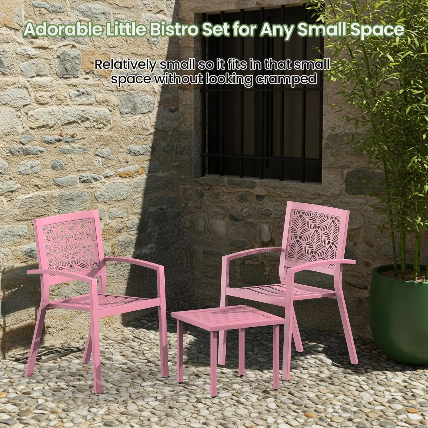 3 Piece Patio Bistro Set, Outdoor Steel Furniture Set, Stackable Modern Conversation Sets for Balcony Garden Deck Patio w/2 Chairs 1 Table, Pink