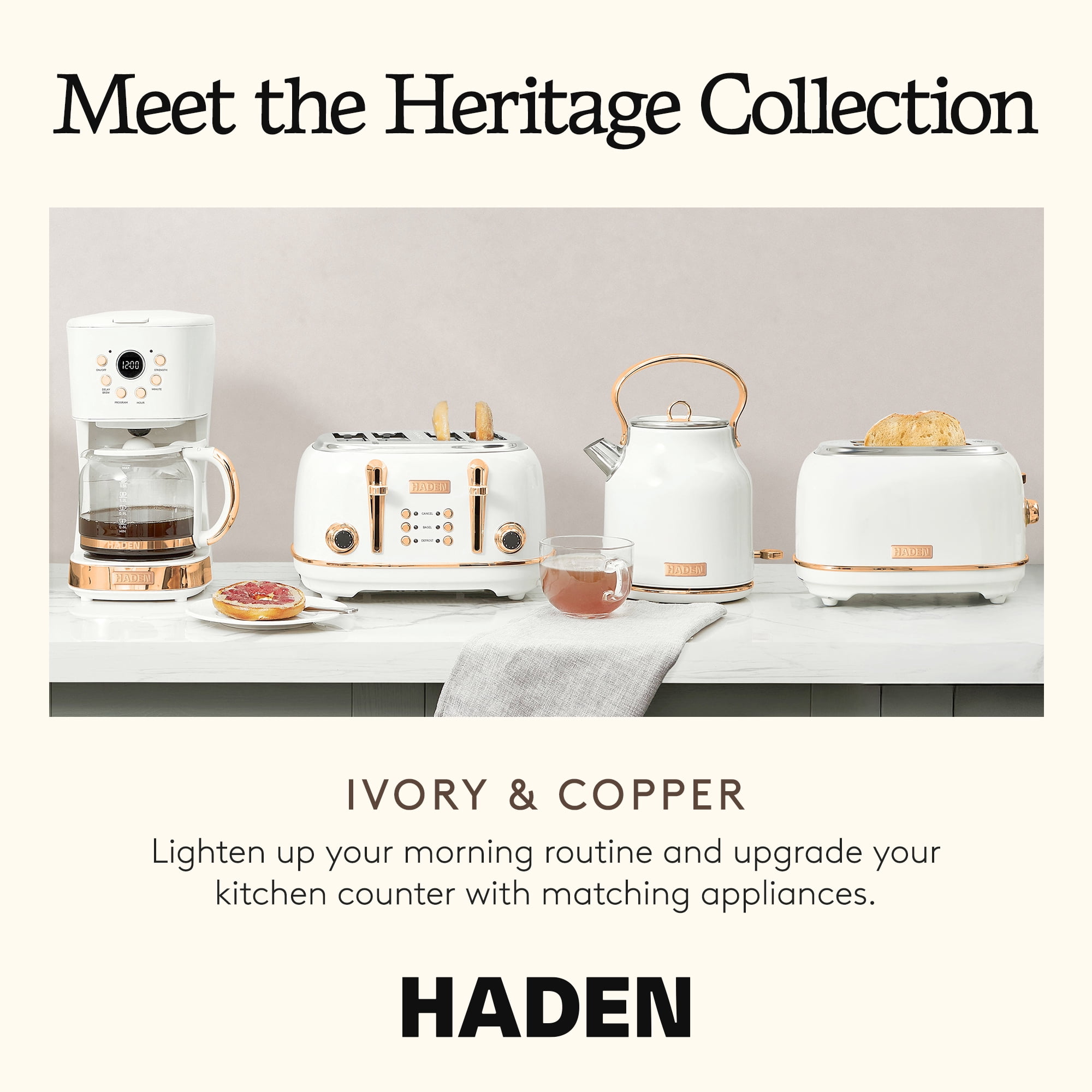Haden Heritage 2 Slice Wide Toaster & Electric Water Kettle, Ivory & Copper