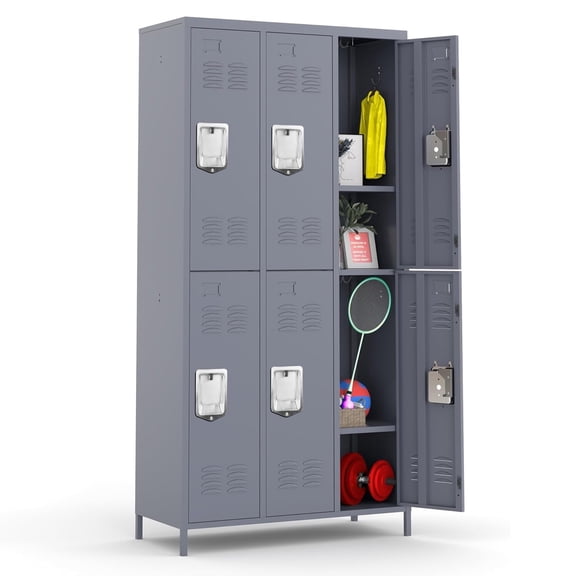 IKIMI 72" Metal Locker for Employees, 6 Doors Storage Cabinet Locker with Vented Compartments and Hooks for Gym, Garage, Living Room, Office, School, Gray