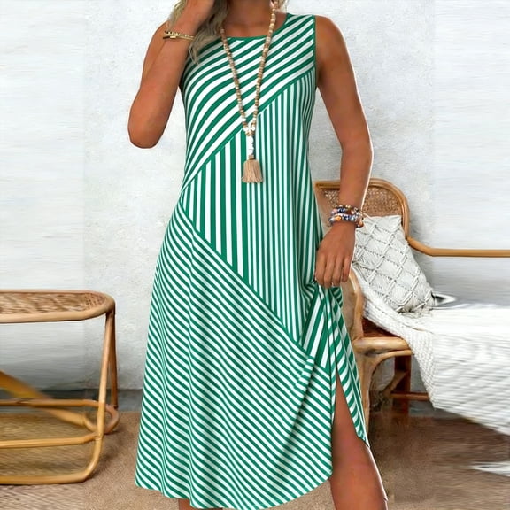 QUNYINEY Striped Womens Sun Dresses Summer Midi Sleeveless Casual Tank Dress Crew Neck A Line Loose Fit Beach Dress