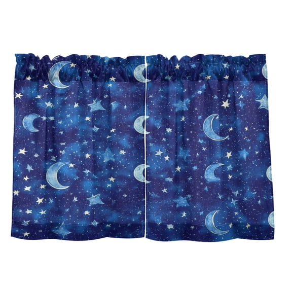 Moons and Stars Pattern 27"x24" Linen Look Cafe Curtain Set with Privacy and UV Protection