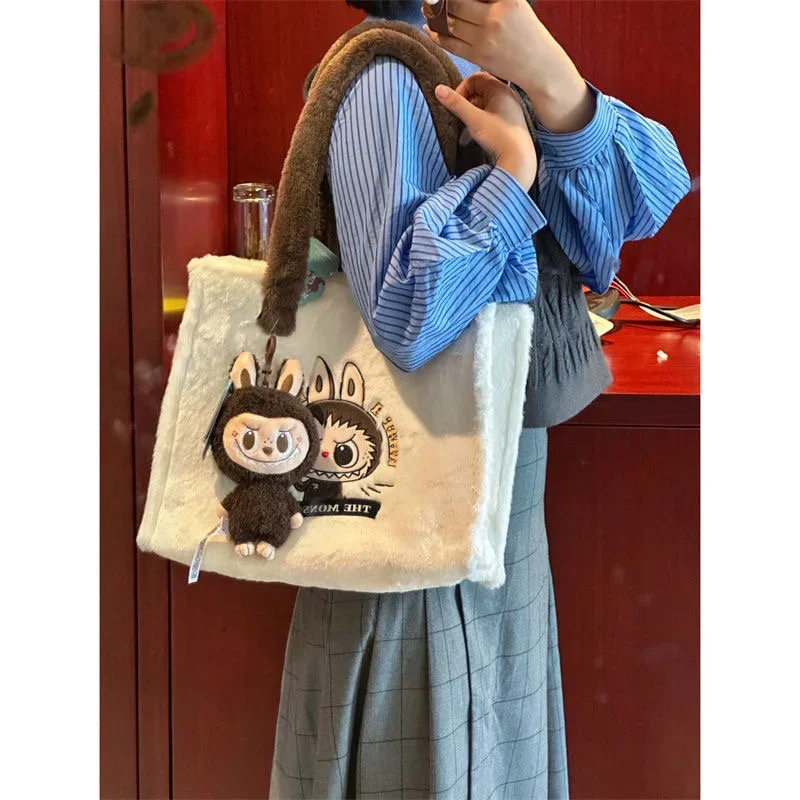 2024 New Labubu School Bag Cartoon Embroidery Soft Plush Tote Bag Shopper Bag Shoulder Bags for Women Cute only keychain