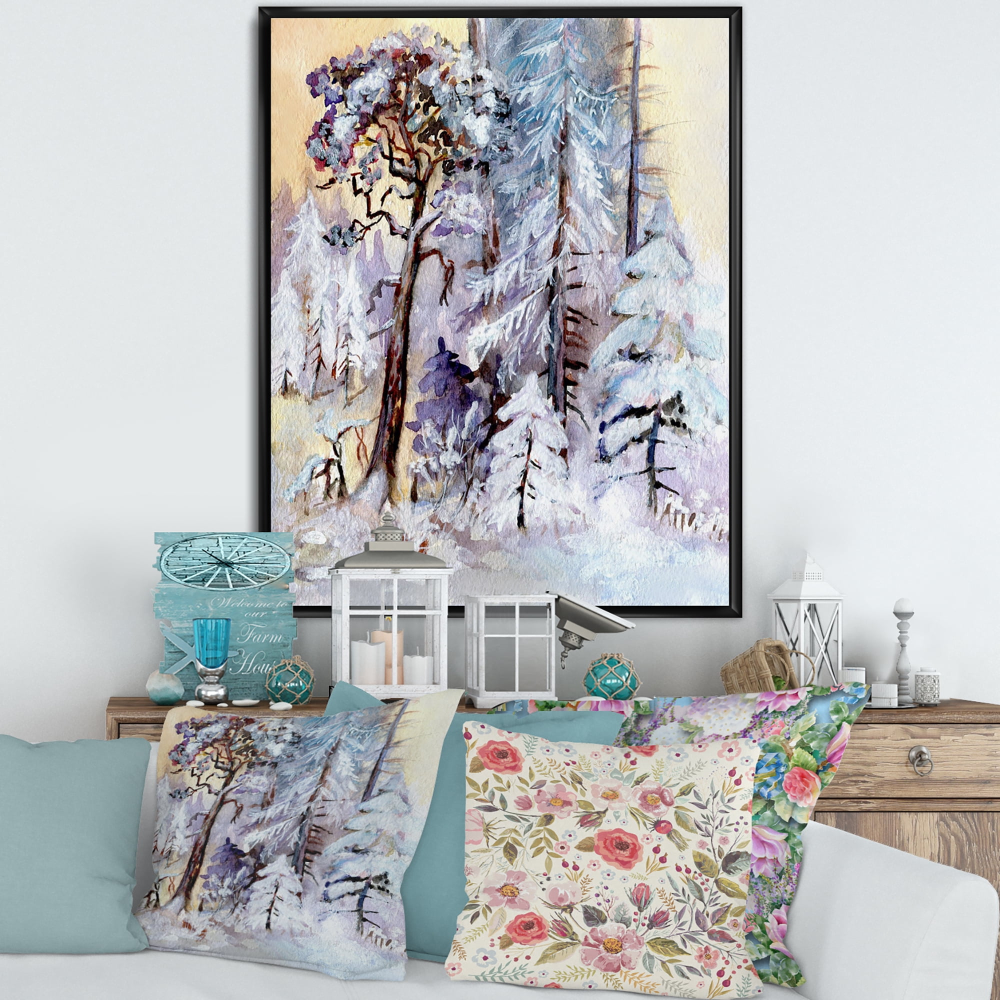 Designart 'The Lake With Winter Snowy Forest' Lake House Framed Canvas Wall Art Print