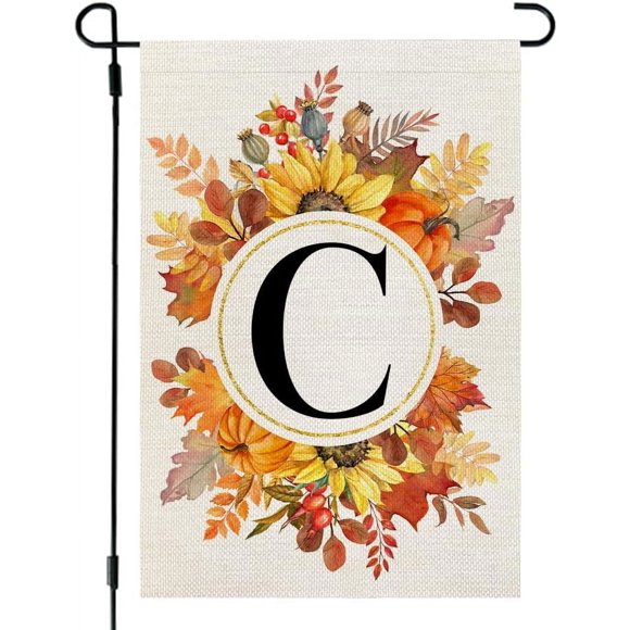 Monogramme d'Automne Lettre C Drapeau de Jardin Tournesol Feuilles de Citrouille 12x18 Pouces Double Face Extérieur Petit Jute Nom de Famille Initiale Décoration de Cour CF982-12