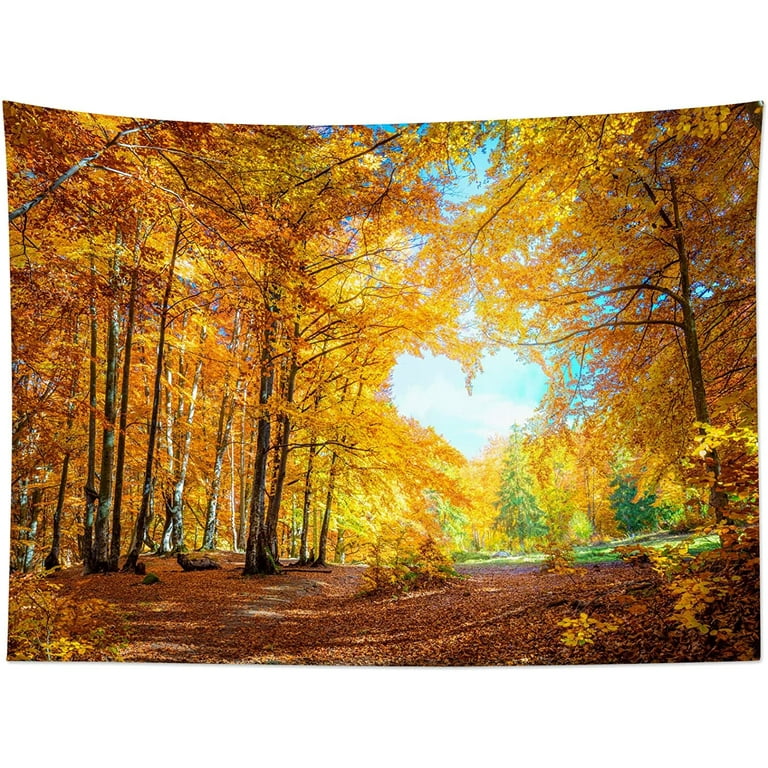 Fall Forest Tapestry Wall Hanging Autumn Season Nature Scenery Tapestries Scenery Romantic Heart Forest Yellow Maple Leaves Tree Aesthetic Tapestry