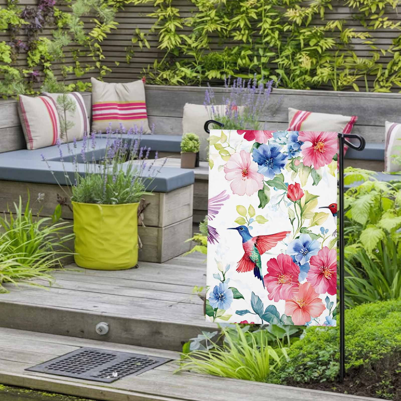 Garden Flag Double-Side Printed House Flag Hummingbird Yard Flag Watercolor Bird Flower Welcome Banner Decor Outdoor Holiday Decorations 28*40in