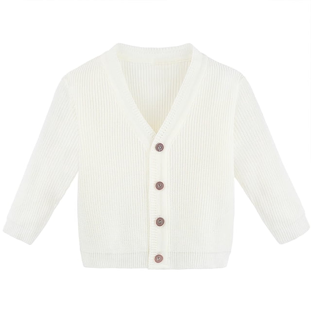 Lilax Suéter de punto clásico de manga larga con cuello en V básico para bebés de 6 a 9 meses, color crema