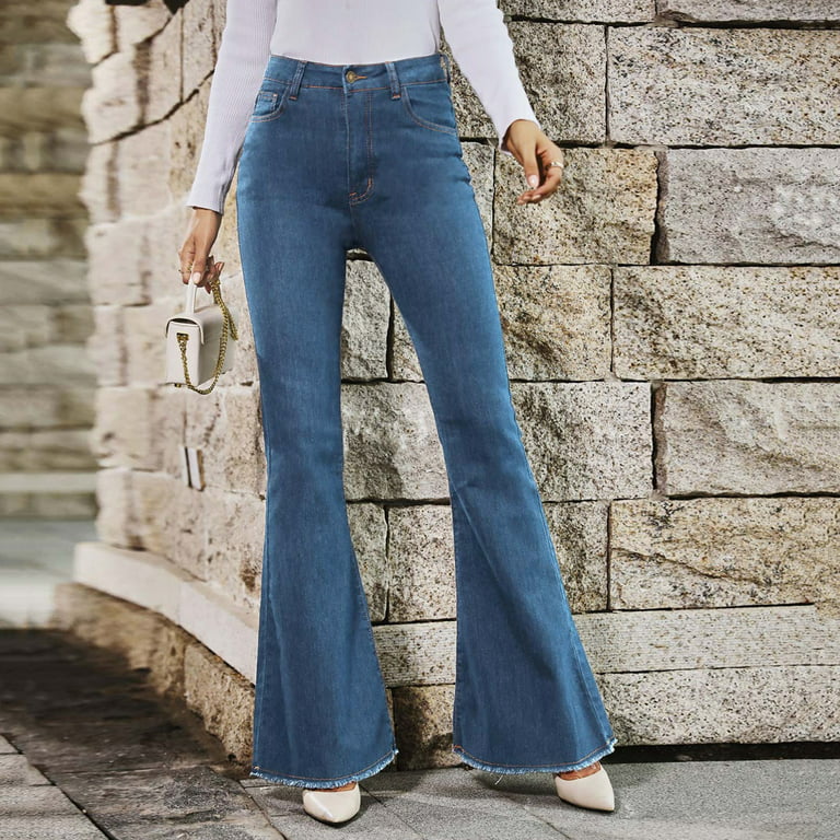 ZMHEGW High Waist Spring and Autumn Wide Leg Elastic Slim Stitching Denim  Flared Jeans