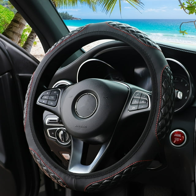 SNNROO Premium PU Leather Steering Wheel Cover with Embroidered Design Universal Fit for 14.5-15 Inch Steering Wheels