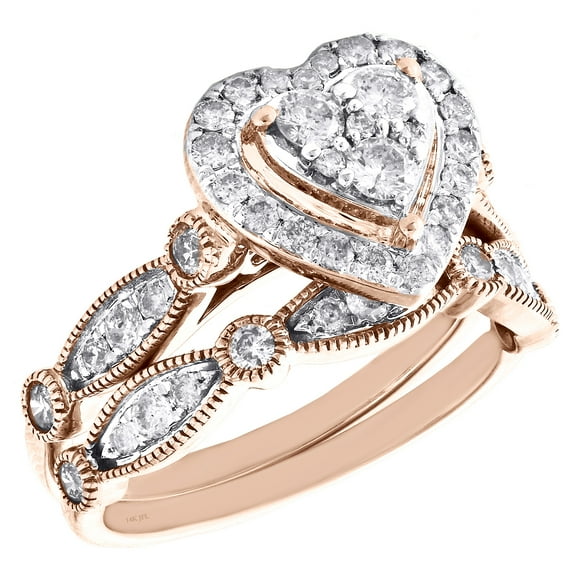 14k Rose Gold Diamond Halo Heart Engagement Ring Wedding Band Bridal Set 1 CT.