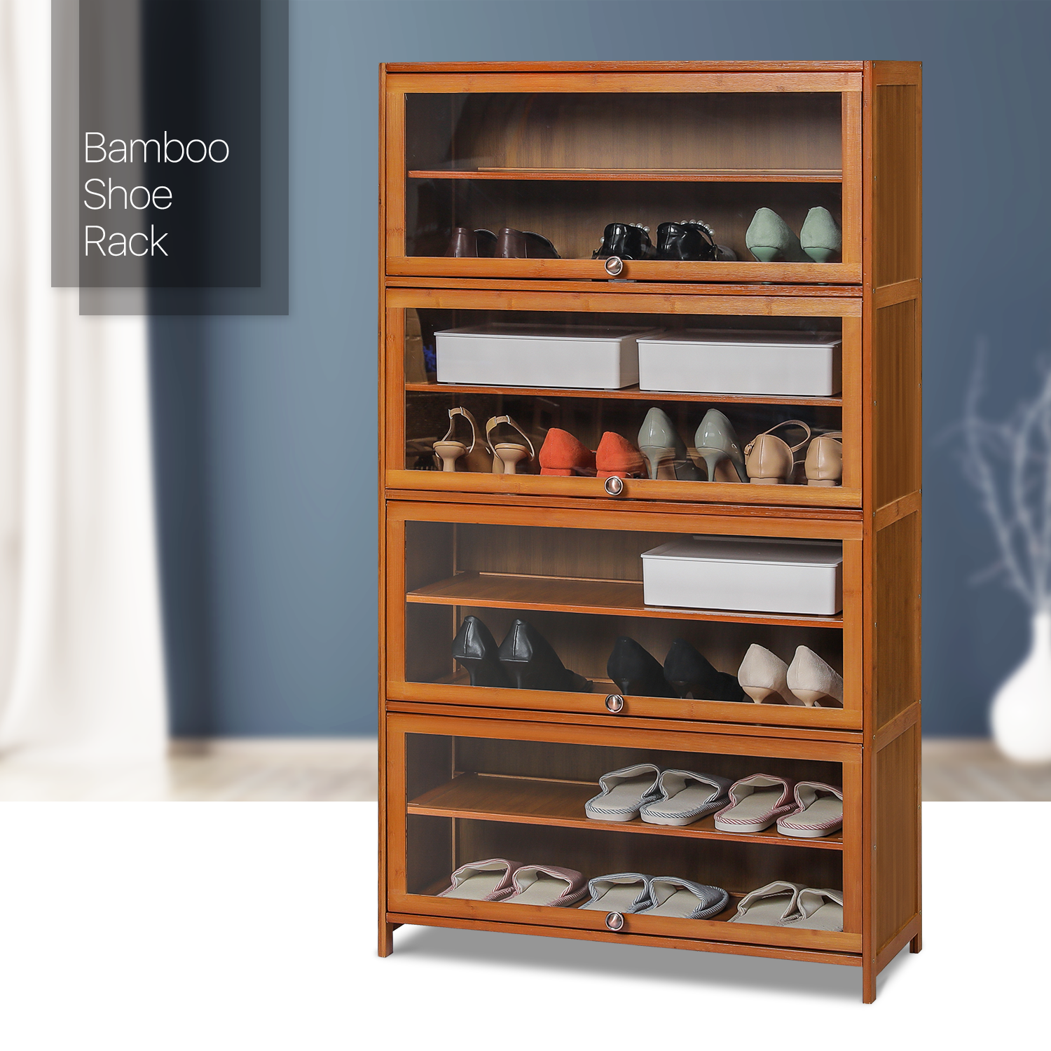 MoNiBloom Bamboo/Acrylic 9 Tiers 40 Pairs Shoes Rack with Door, Organizer Cabinet, Brown, for Entryway - image 3 of 11