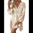 thumbnail image 1 of Vestido Corto Ajustado con Cuello en V, Mangas Farol y Estampado Vintage para Mujer, Ideal para Vacaciones de y Verano. Albaricoque XL, 1 of 10