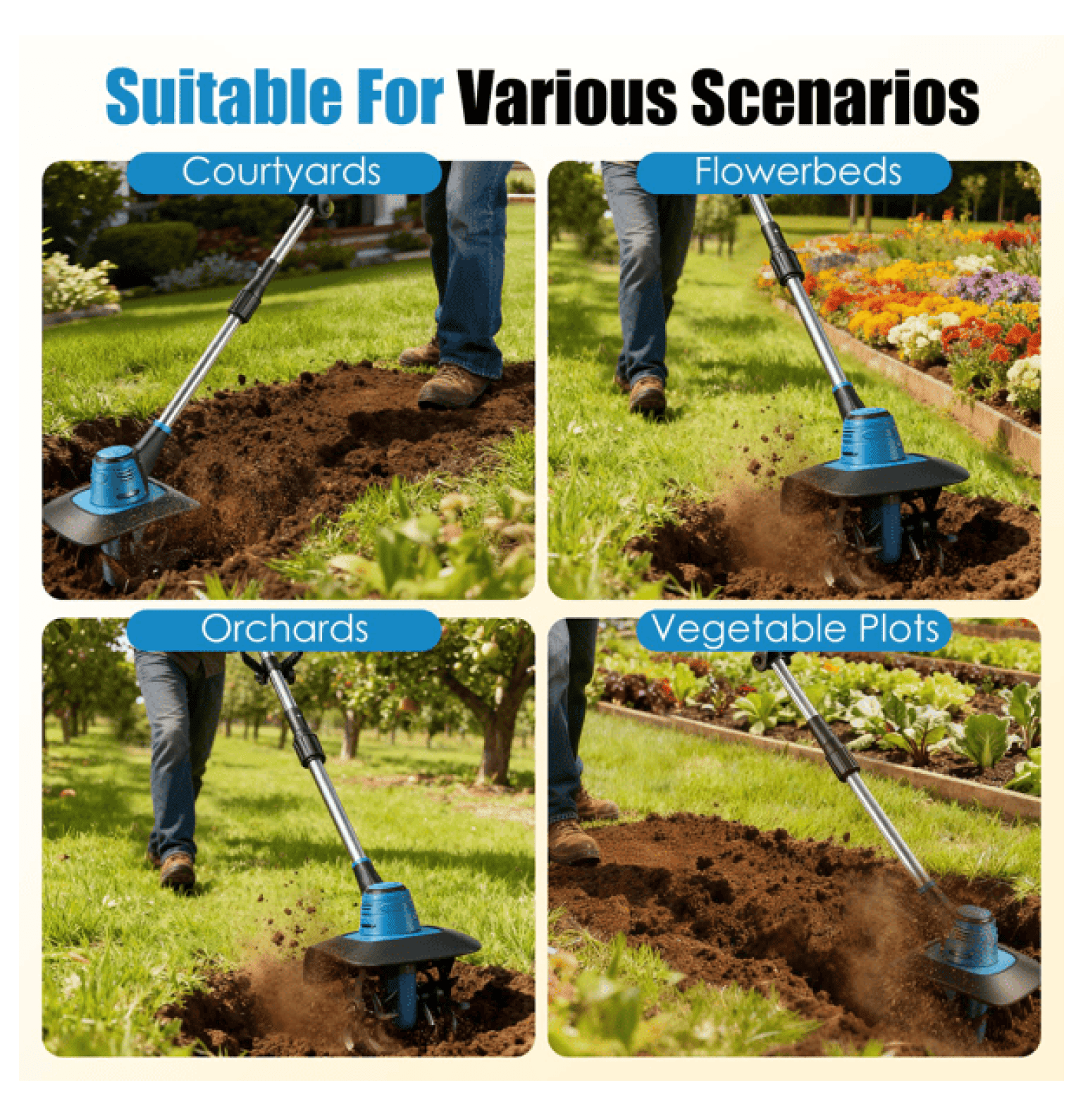 Cordless Tiller Cultivator 800W Electric Soil Tiller, 21V Battery Powered Garden Cultivator with 6.69" Depth & 8.66" Width for Yard Planting, Weed Removal