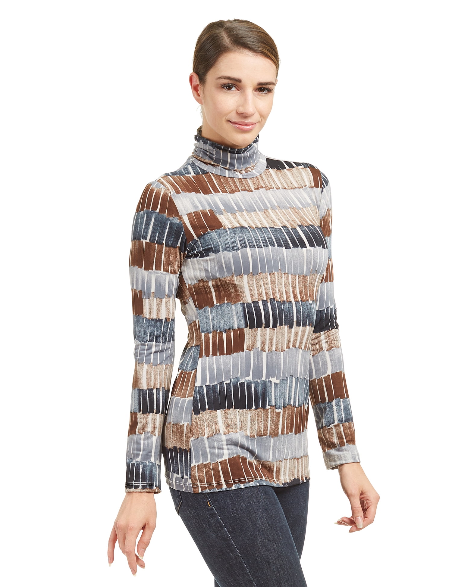 Made by Johnny - Womens Print Long Sleeve Turtleneck Pullover Sweater Top XXXL Black_Brown 